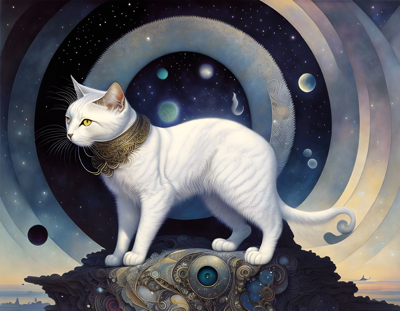 White Cat with Celestial Elements on Ornate Structure in Cosmic Background