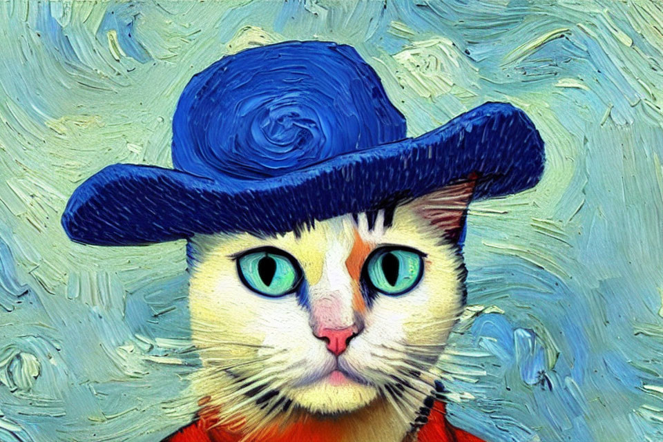 Green-eyed cat in blue hat with rose in vibrant Van Gogh-style painting