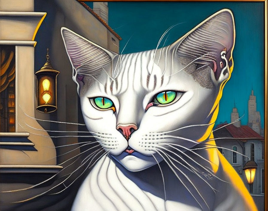 Stylized painting of white cat with green eyes in cityscape at night