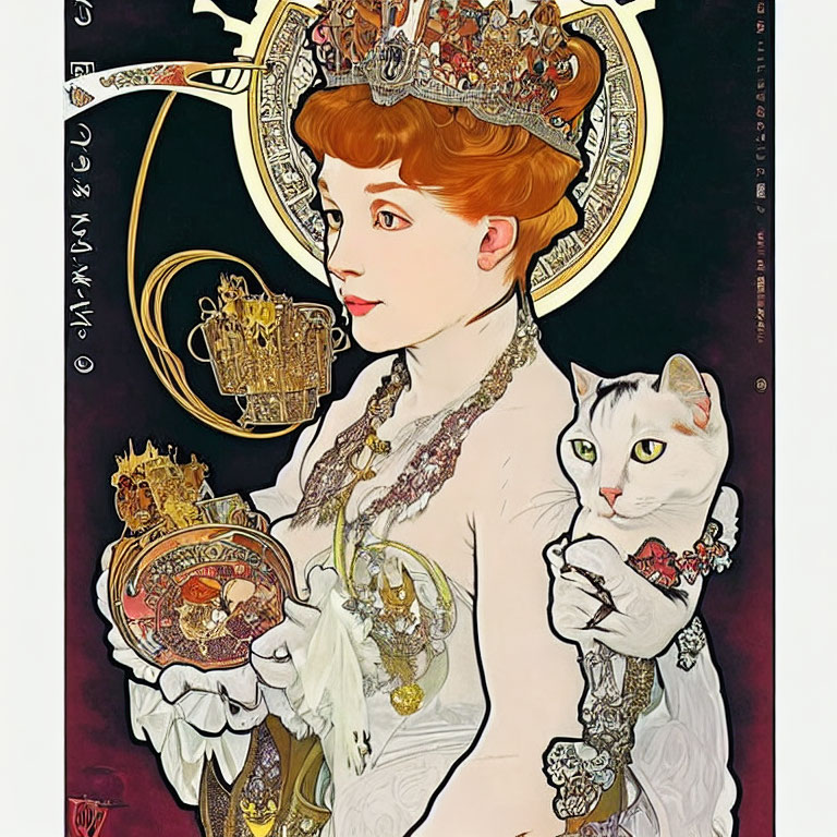 Woman in elegant attire with headdress holding cat and ornament in art nouveau background.