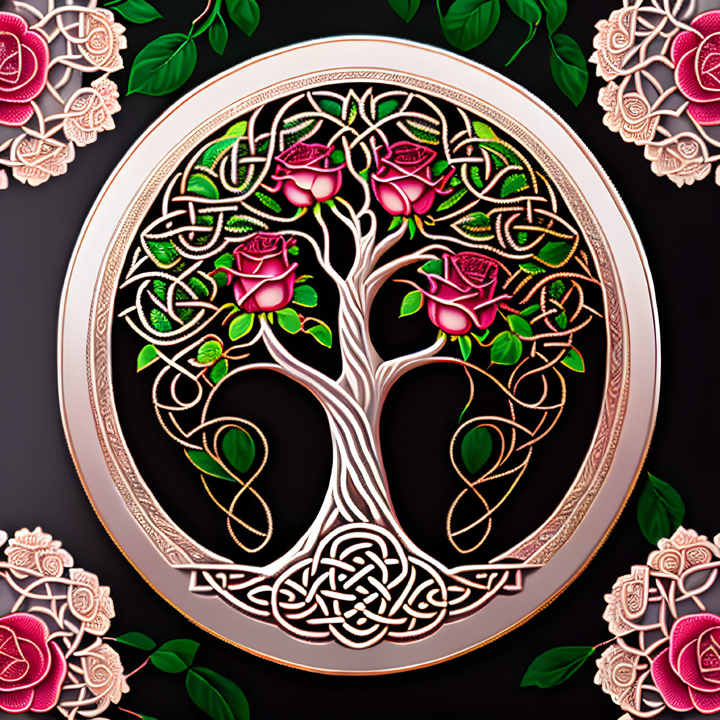 Circular ornate design with tree, rose blooms, and Celtic knots on dark background.