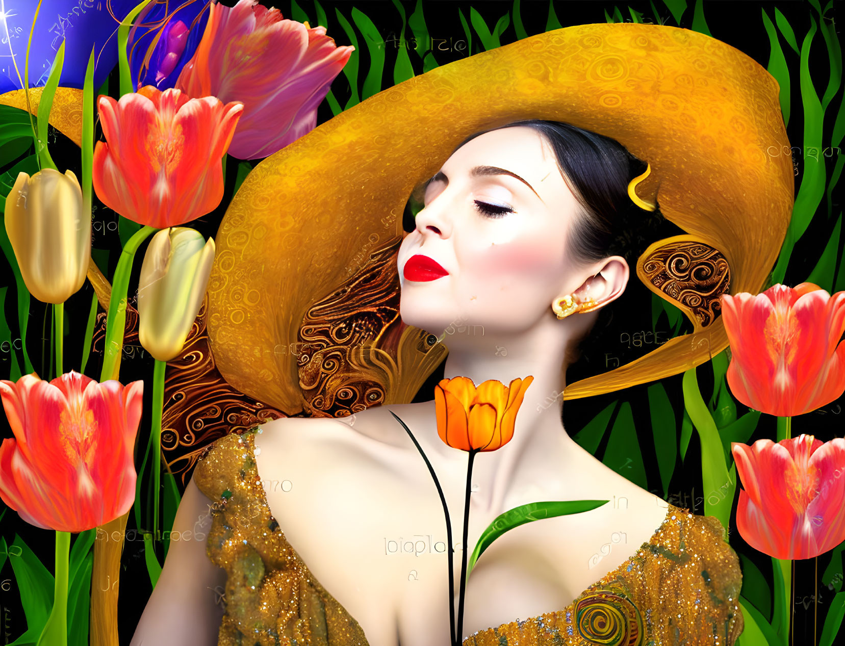 Vibrant digital portrait of woman in wide-brimmed hat and golden dress with tulips.