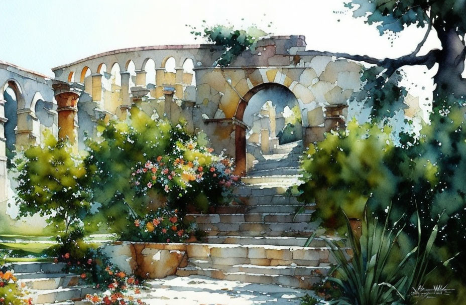 Serene garden scene: Stone archway, steps, lush greenery, colorful flowers