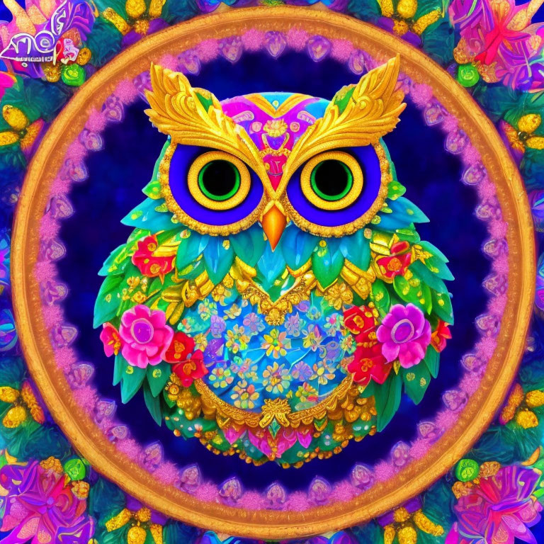 Colorful Stylized Owl Illustration with Floral Patterns on Purple Background