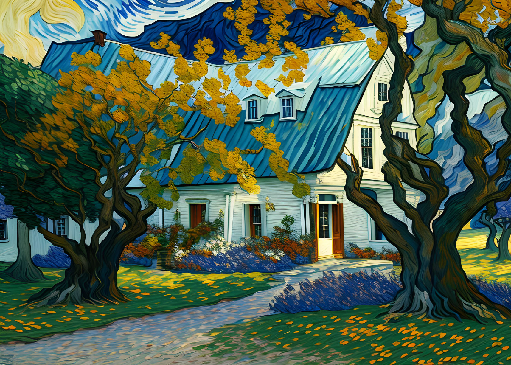 Autumn-themed painting: quaint house, blue roof, twisted trees, sunny lawn.