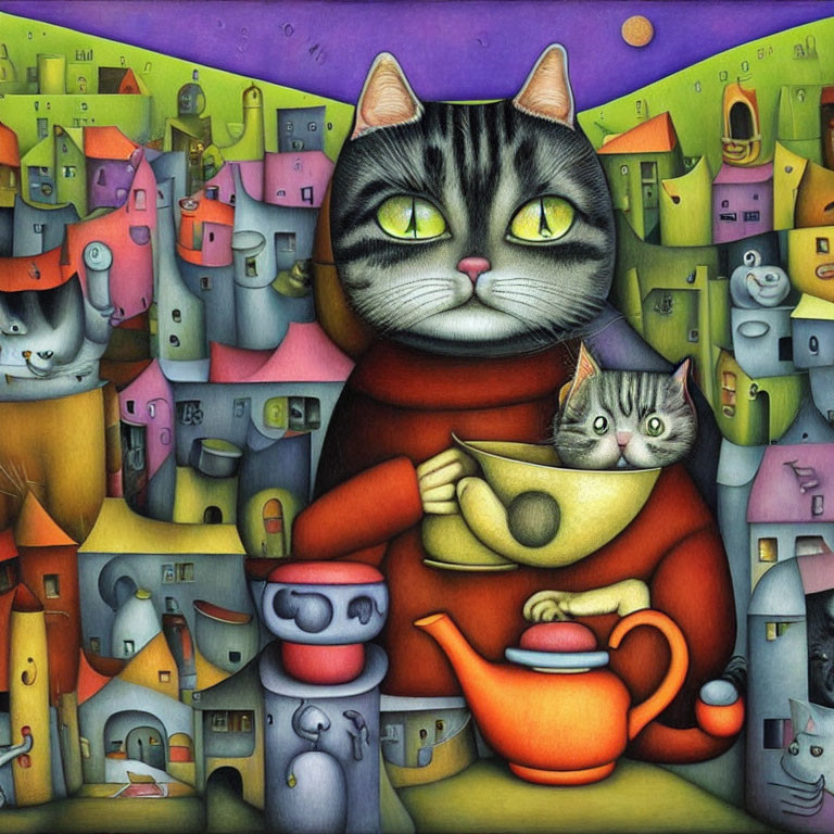 Anthropomorphic cat in red sweater with teapot and small cat in whimsical landscape