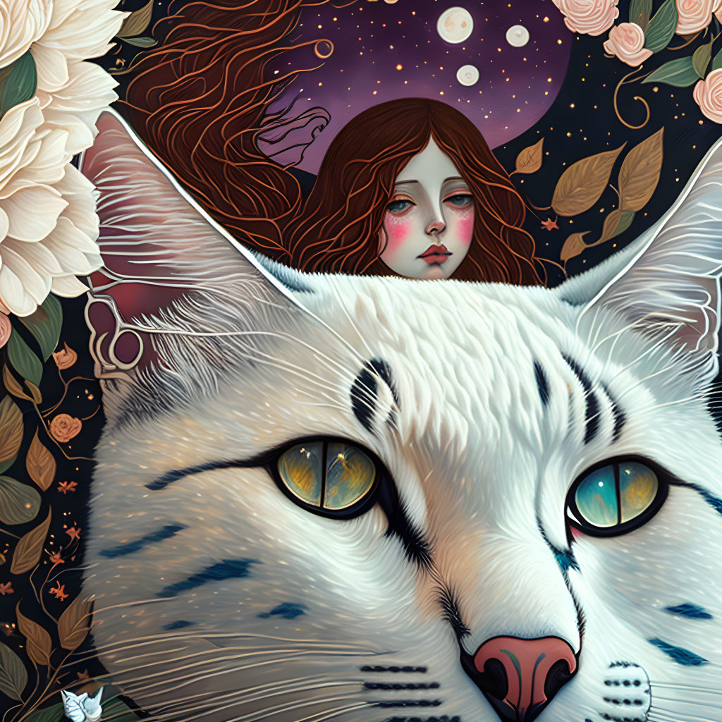 Surreal woman's face with cat ears and cosmic background