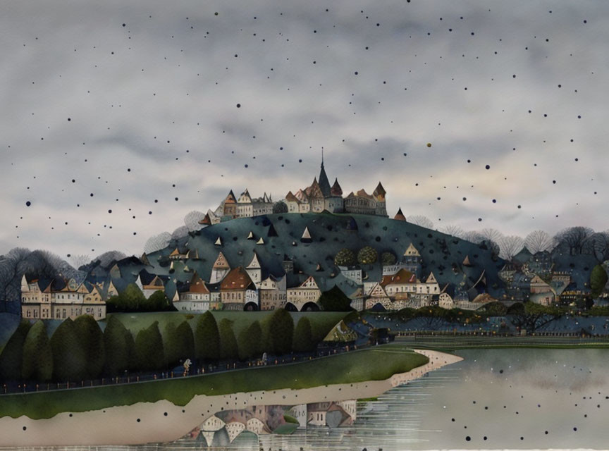 European-style village illustration under starry night sky with castle on hill