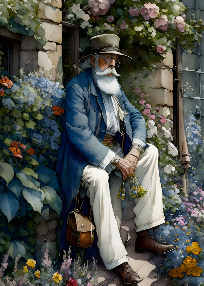 Elderly gentleman in wide-brimmed hat among blooming flowers