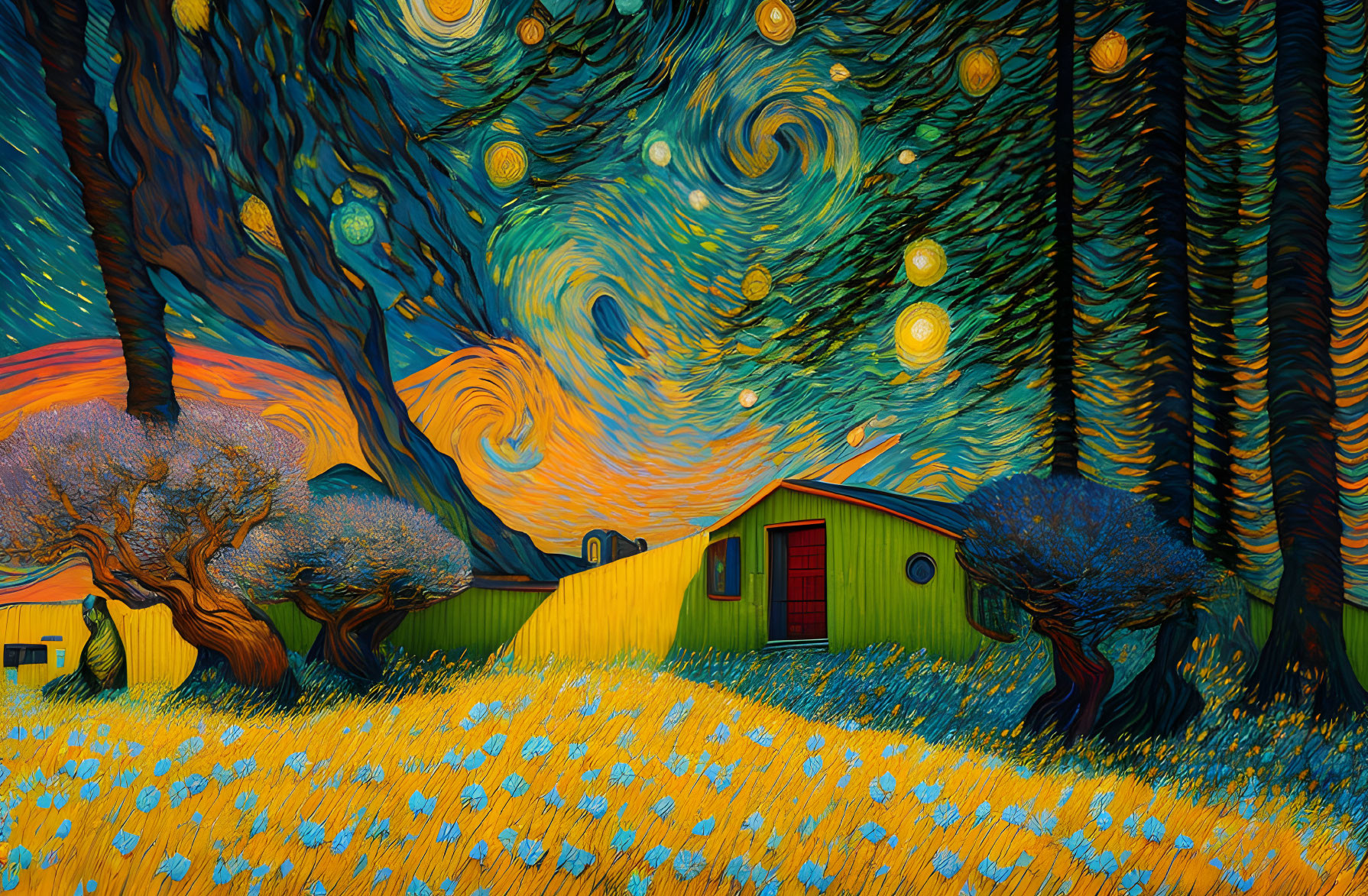 Swirling starry night sky over landscape with trees and house