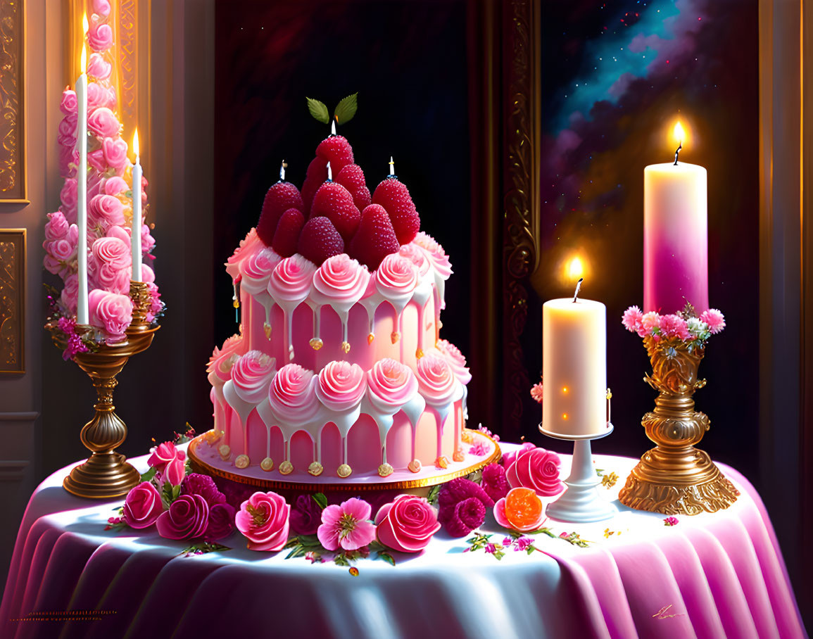 Elegant three-tiered cake with pink roses and raspberries by candlelight