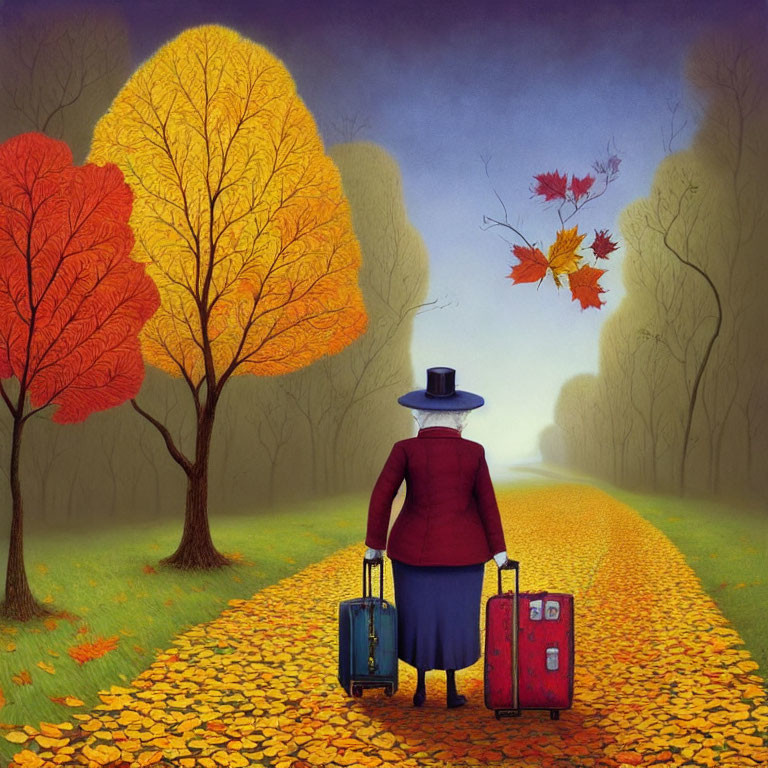 Person in Hat and Coat Walking with Suitcases on Autumn Path