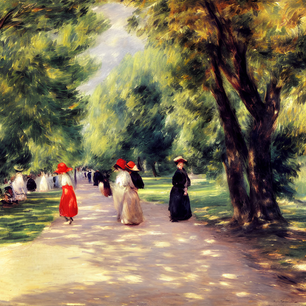 Vintage Clothing Women Walking Down Tree-Lined Path