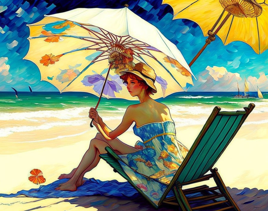 Woman sitting under parasol on sunny beach with sailboats and colorful chair.