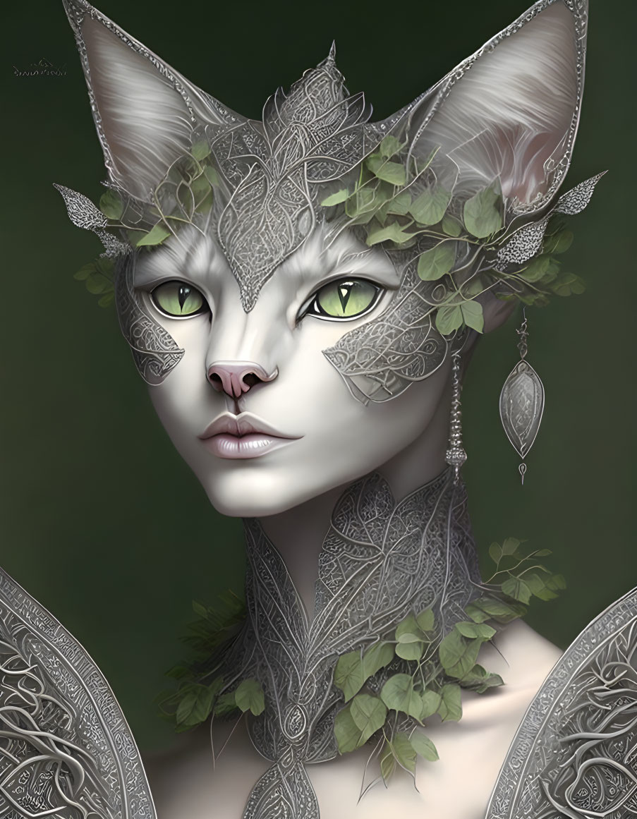 Intricate humanoid cat figure with leafy patterns and green eyes