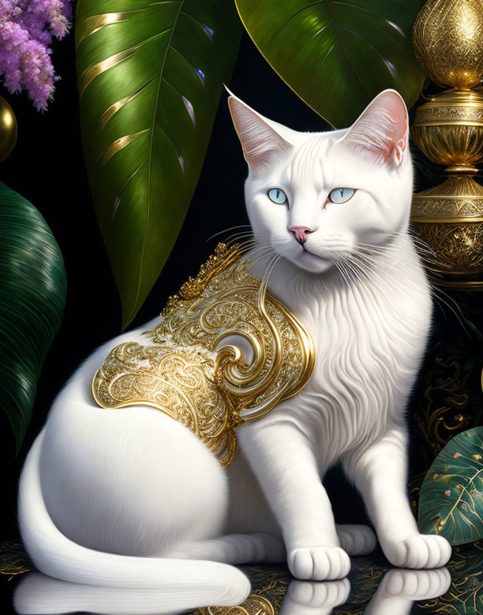 White Cat with Blue Eyes and Golden Embellishment Among Vases and Foliage