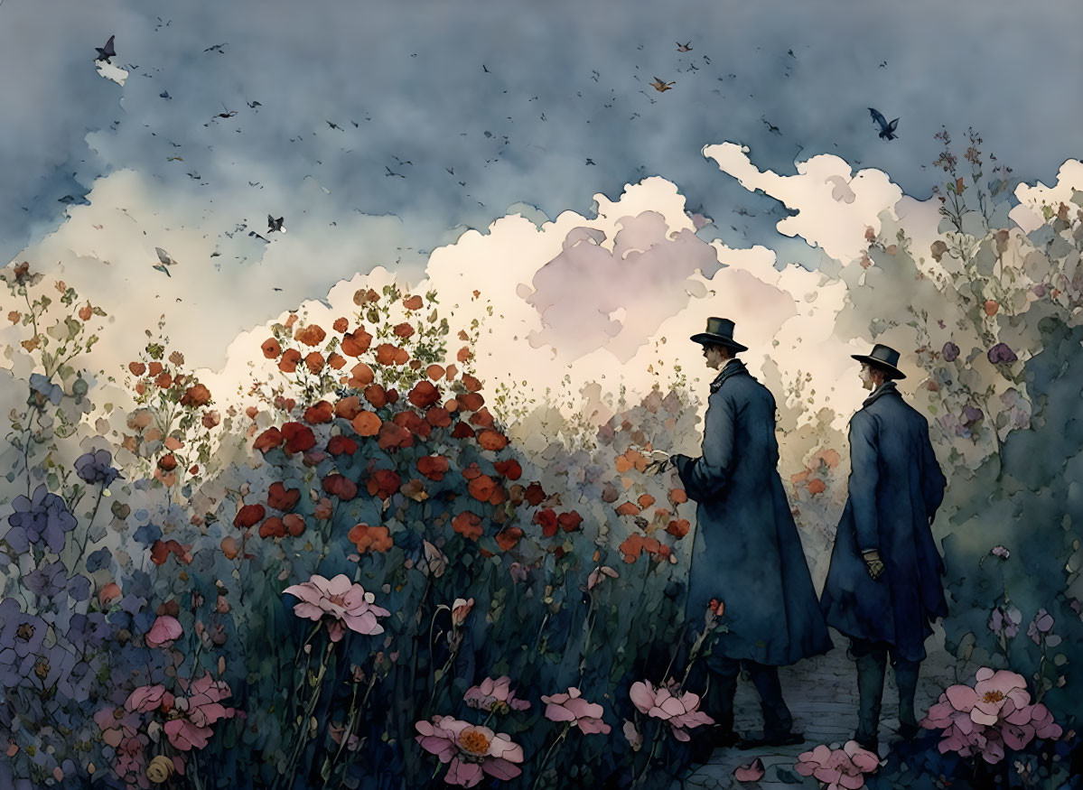 Silhouetted figures in coats and hats stroll through a flower field