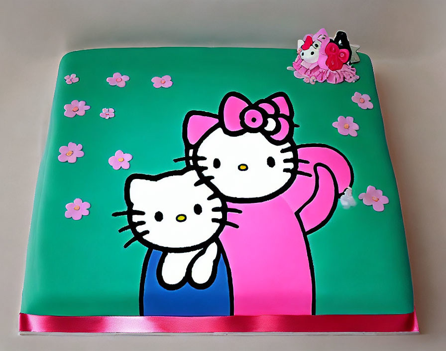 Green Fondant Hello Kitty Cake with Pink Flowers and Toppers