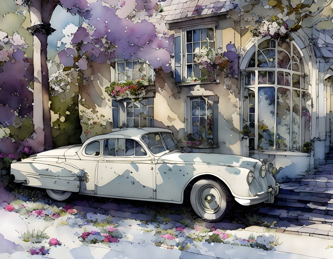 Vintage car parked by charming cottage with ivy and flowers on stone walls