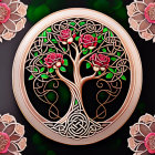 Circular ornate design with tree, rose blooms, and Celtic knots on dark background.