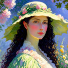 Portrait of a Woman in Floral Hat Surrounded by Nature