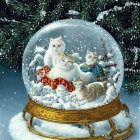 White Cats Snow Globe with Festive Decorations and Snowy Pine Branches