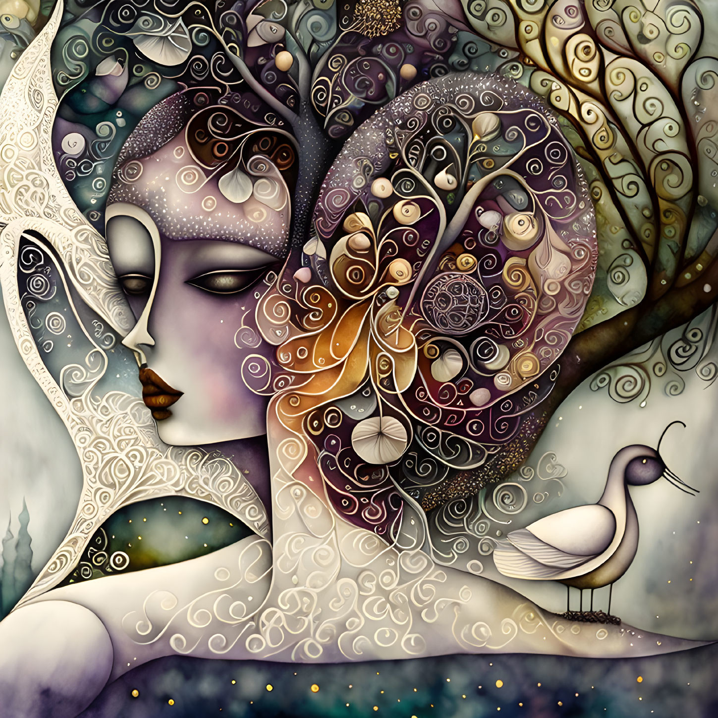 Stylized woman's profile with cosmic and nature motifs and bird on serene background