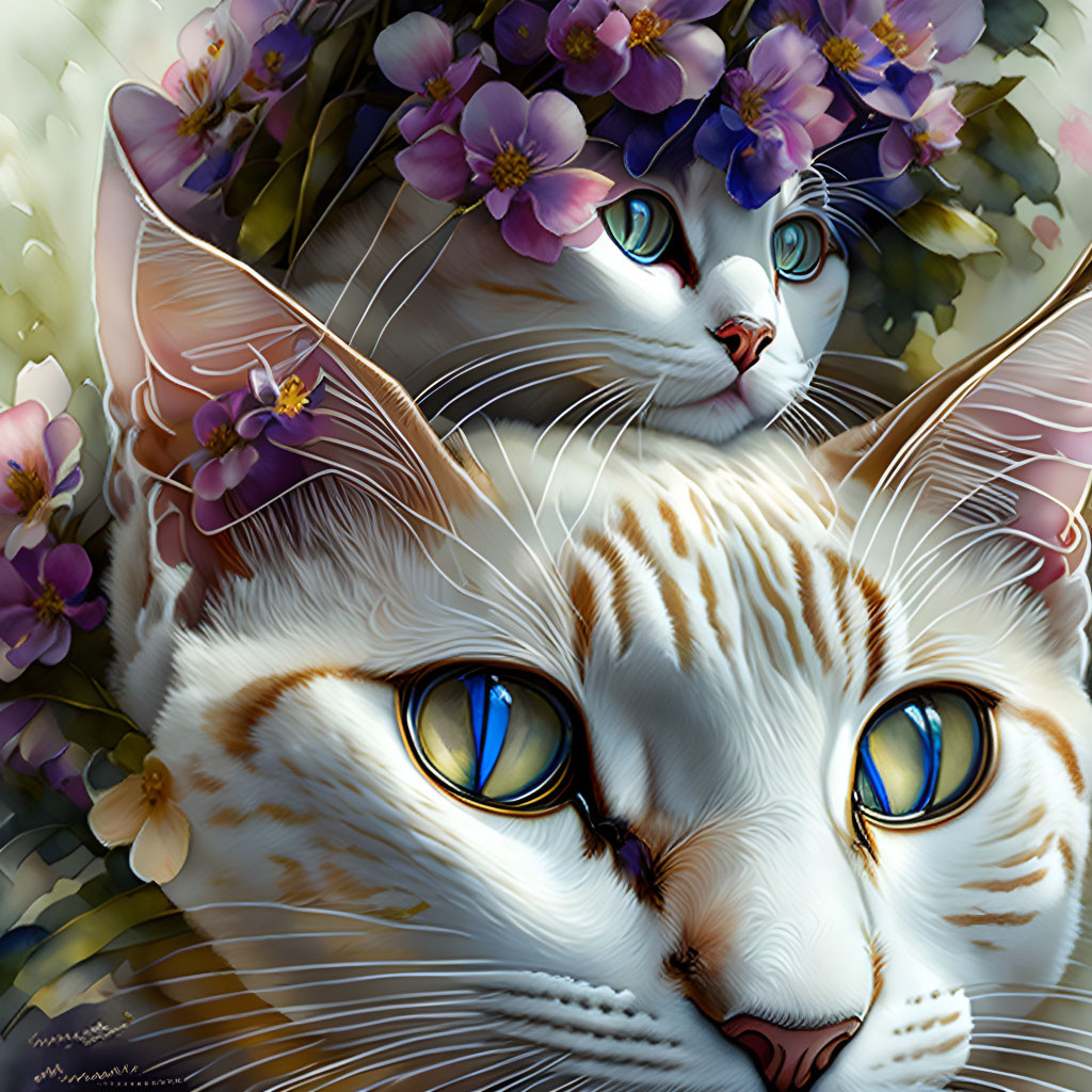 Illustrated cats with vibrant blue eyes in purple flower setting