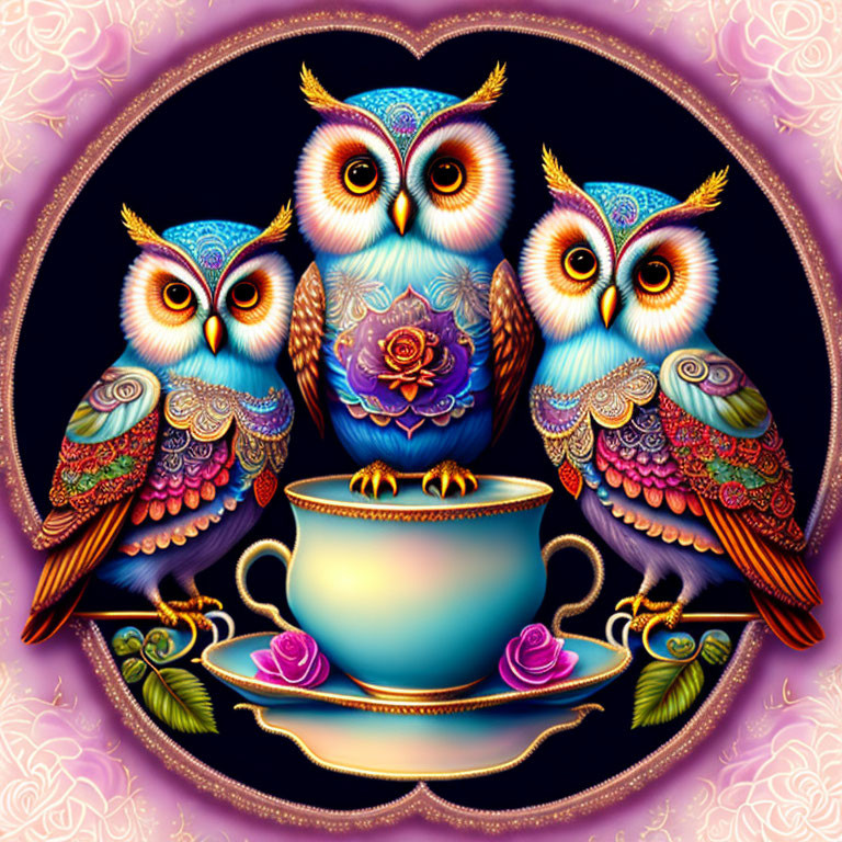 Colorful Stylized Owls on Teacup with Roses and Ornamental Details