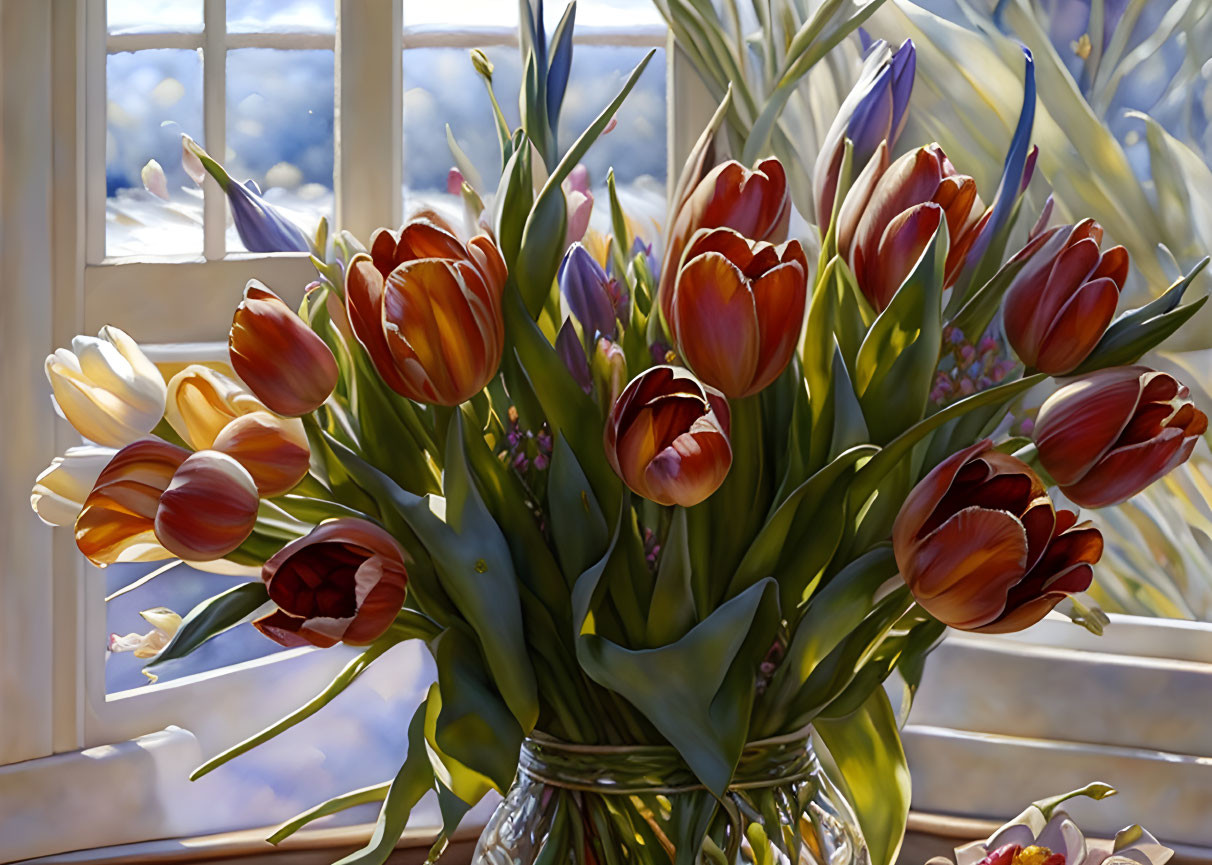 Vibrant tulips in sunlight by a window, rich colors and intricate details.