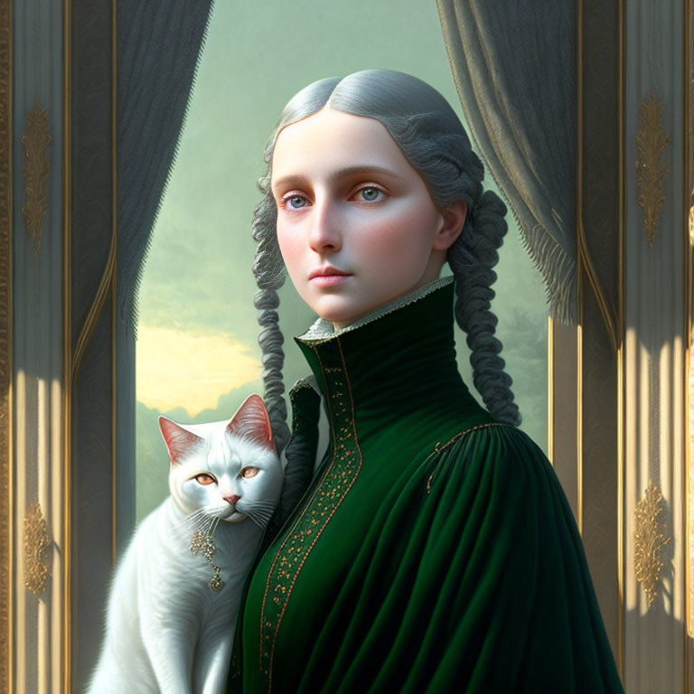 Digital art portrait of a woman with pale skin and grey hair in a green dress with a white cat