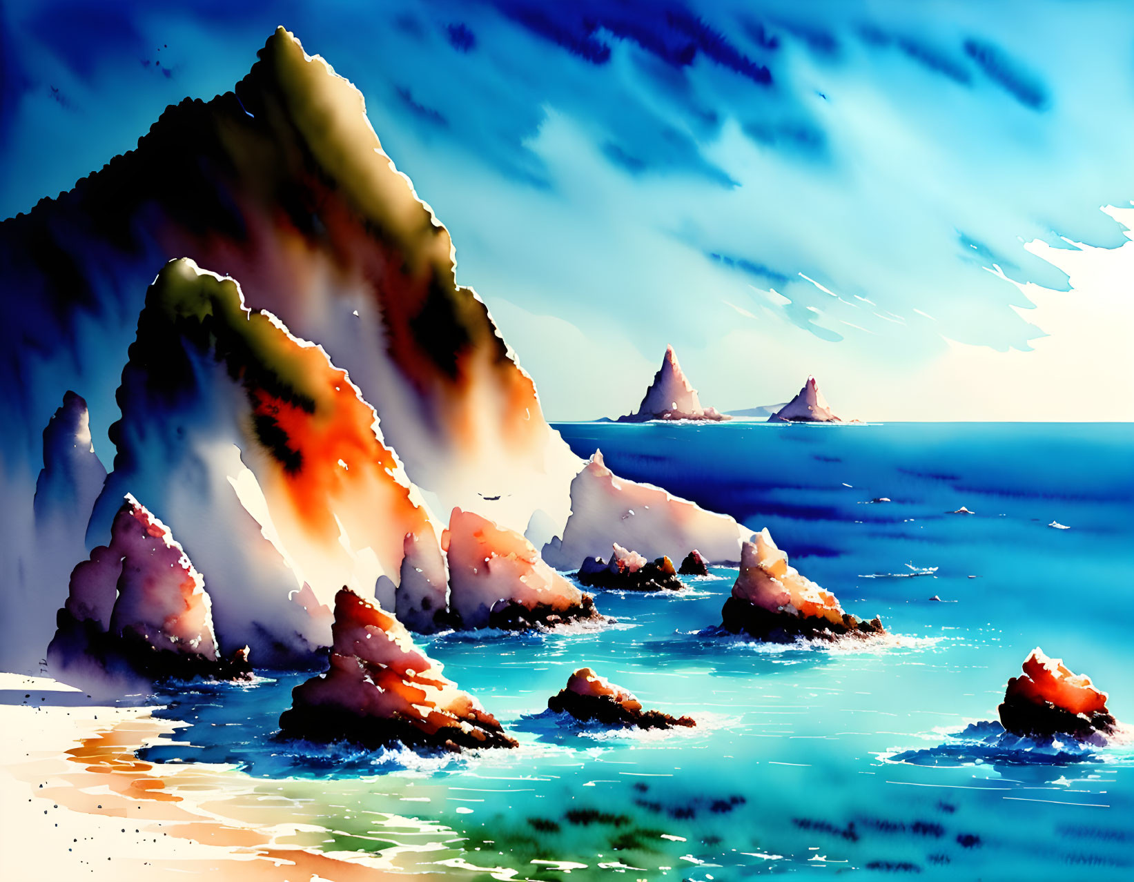 Coastal Scene Digital Painting with Rock Formations and Blue Sky