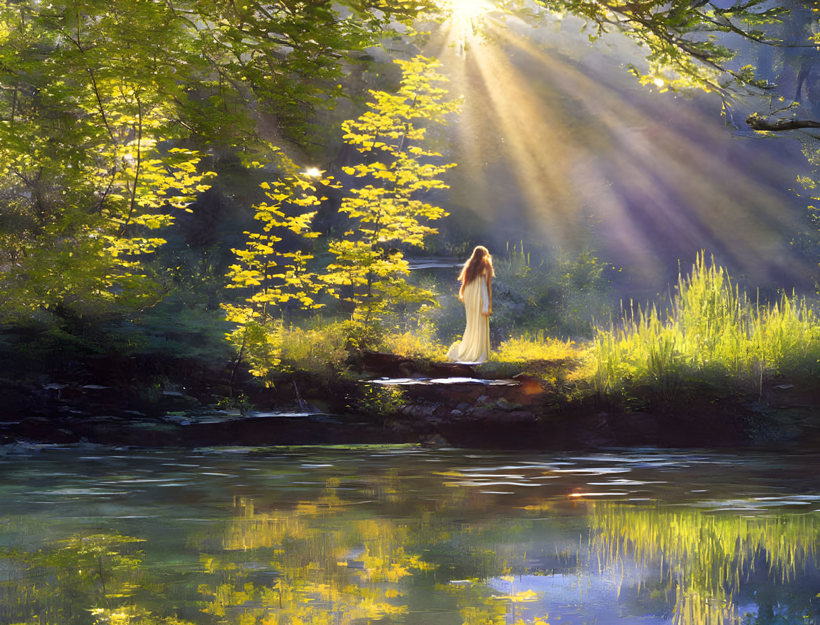 Person in white dress by riverbank in lush forest sunlight.