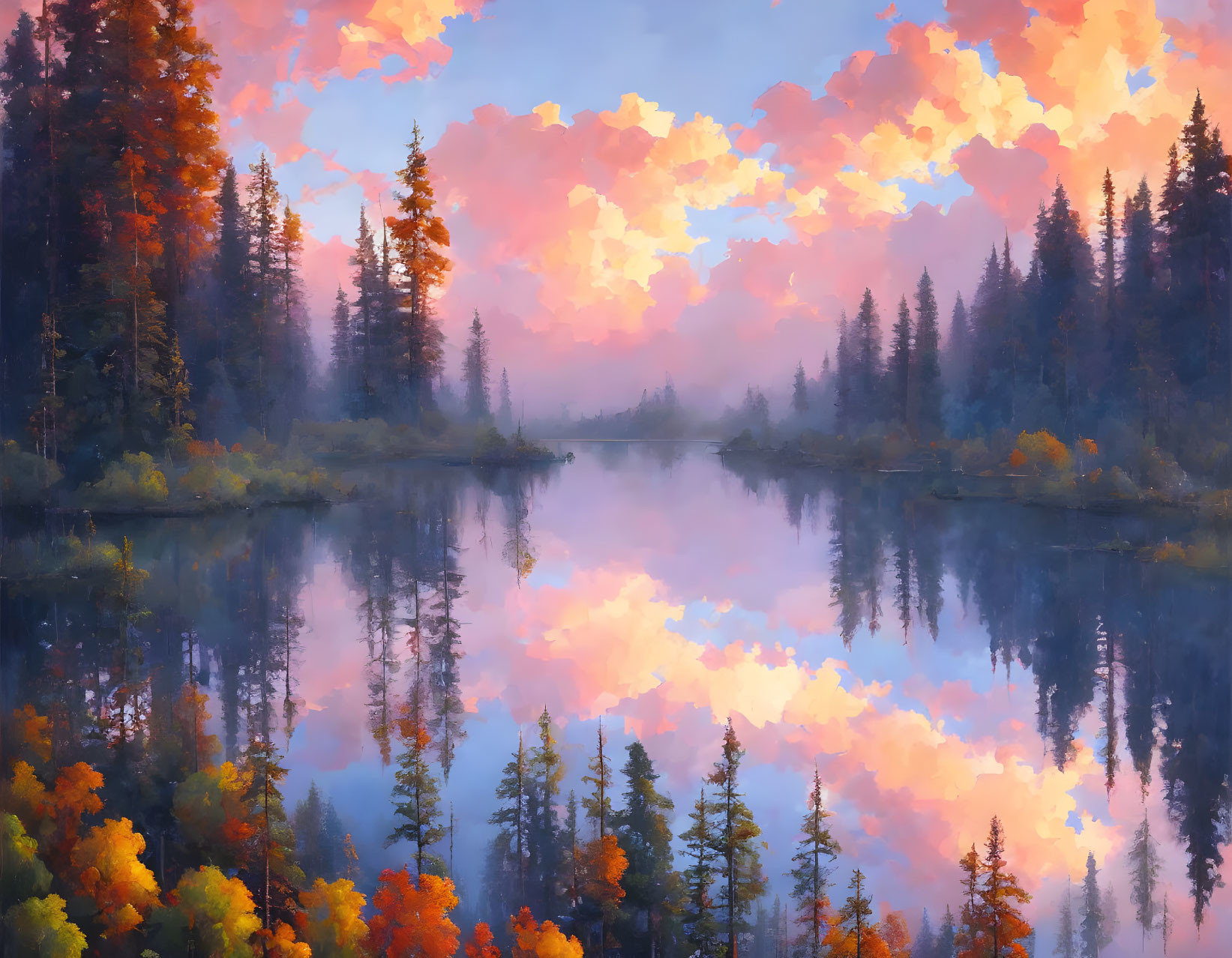 Tranquil lake with autumn forest reflection in serene landscape