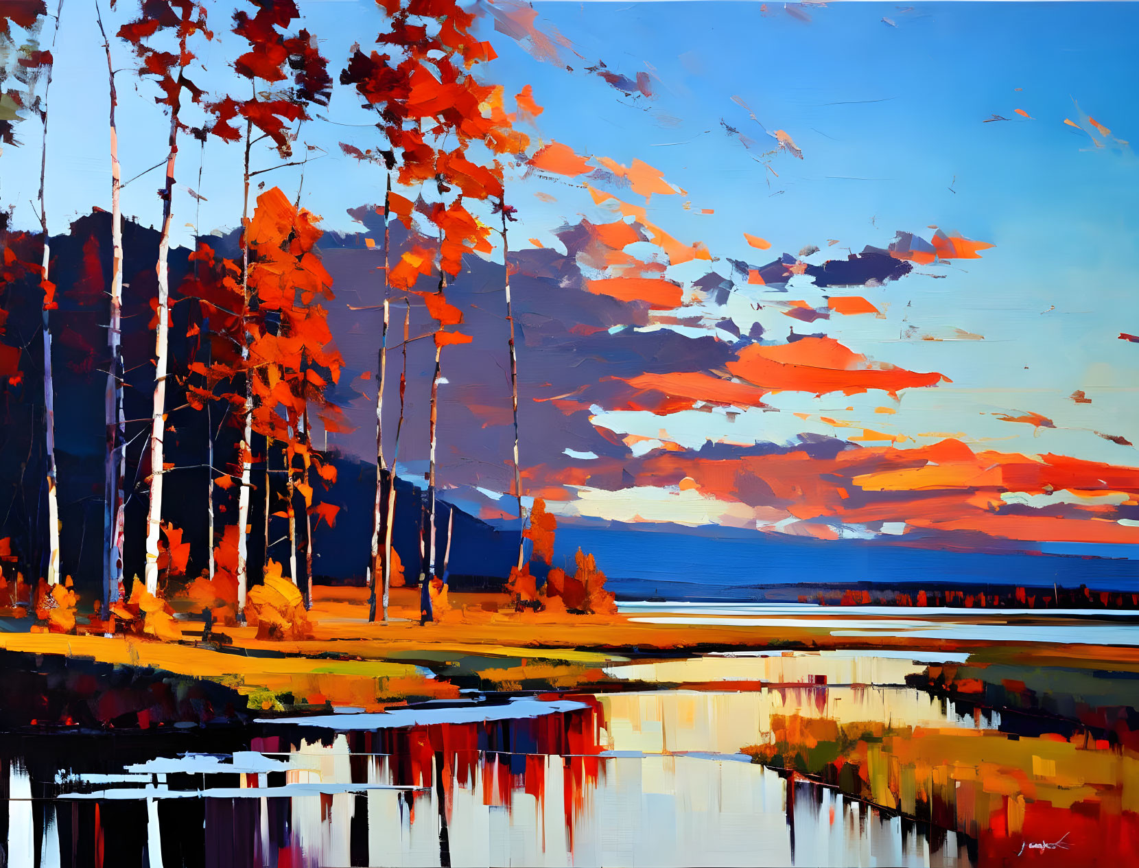 Colorful sunset painting with lake, forest, and cloudy sky