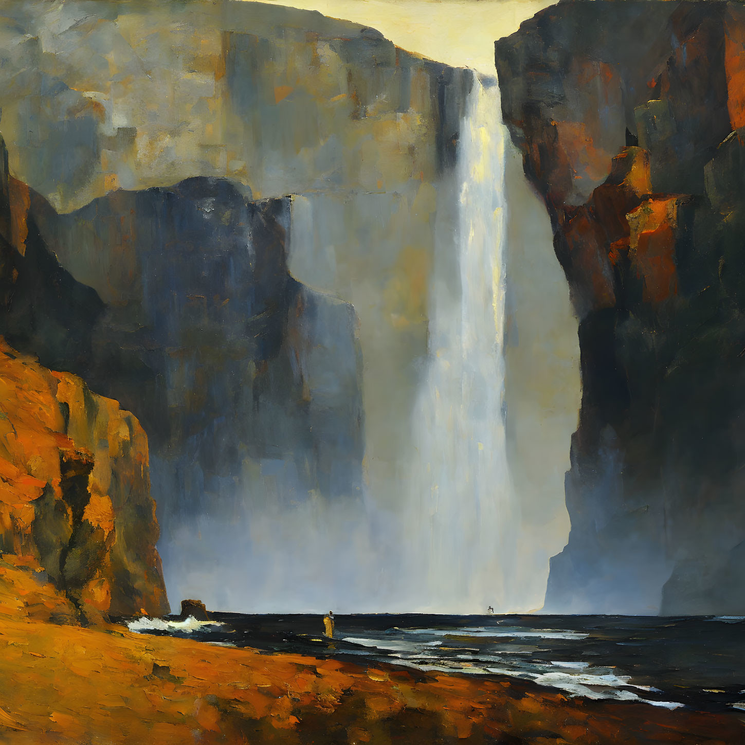 Majestic waterfall cascading into serene pool with solitary figure and rugged cliffs