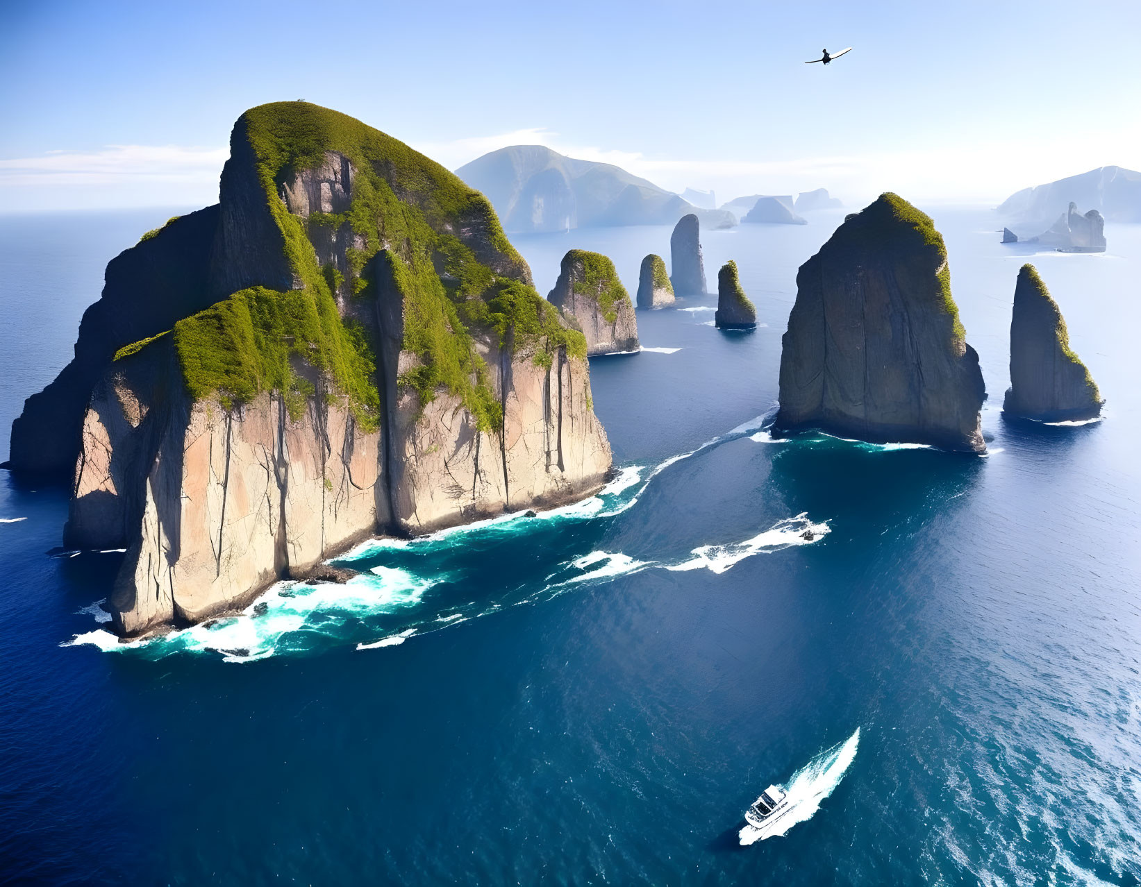 Majestic sea cliffs, boat, and bird in aerial view