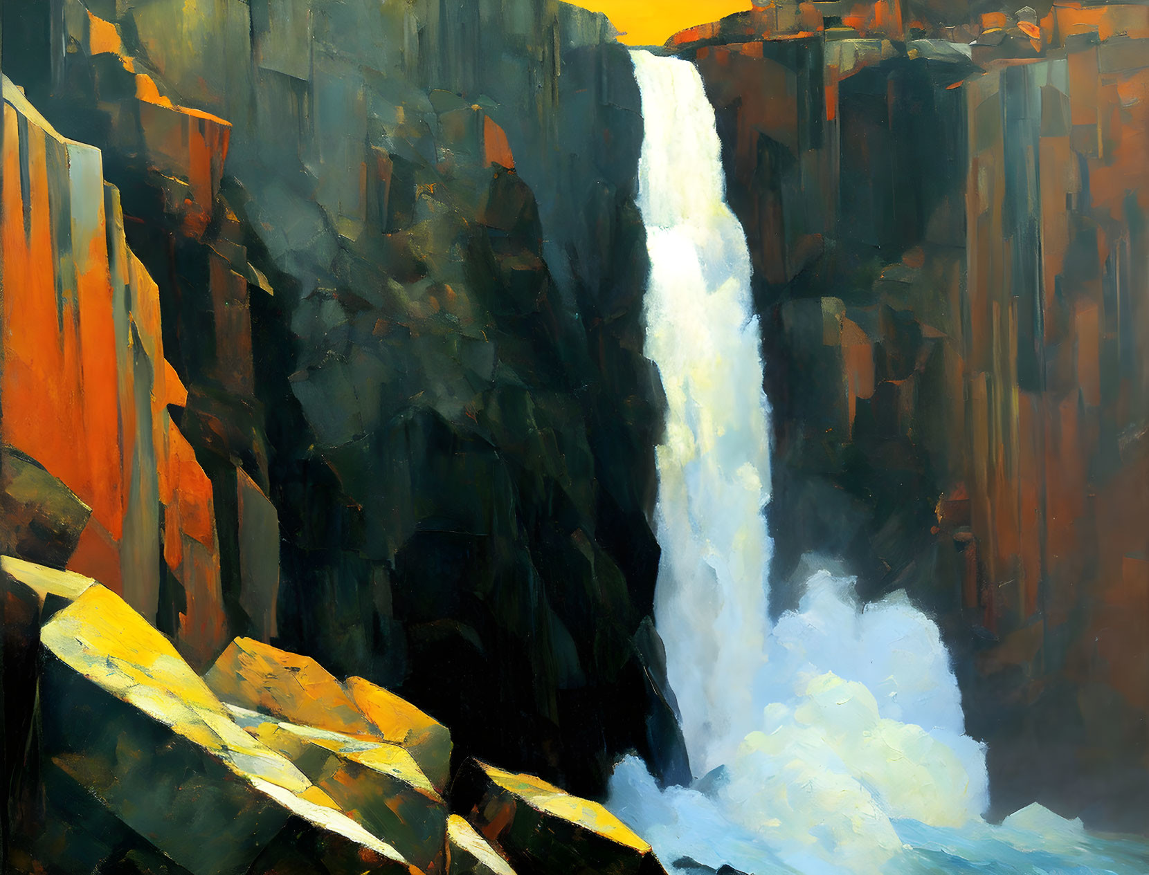 Scenic painting of powerful waterfall in rocky canyon