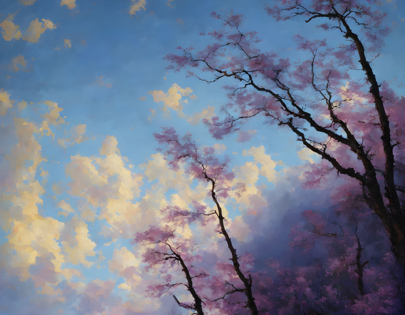 Nature scene: Silhouetted trees, pink blossoms, vibrant blue sky, fluffy yellow clouds