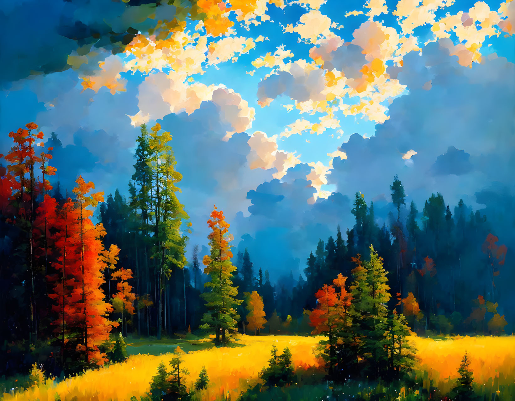 Colorful forest painting under blue sky with white clouds