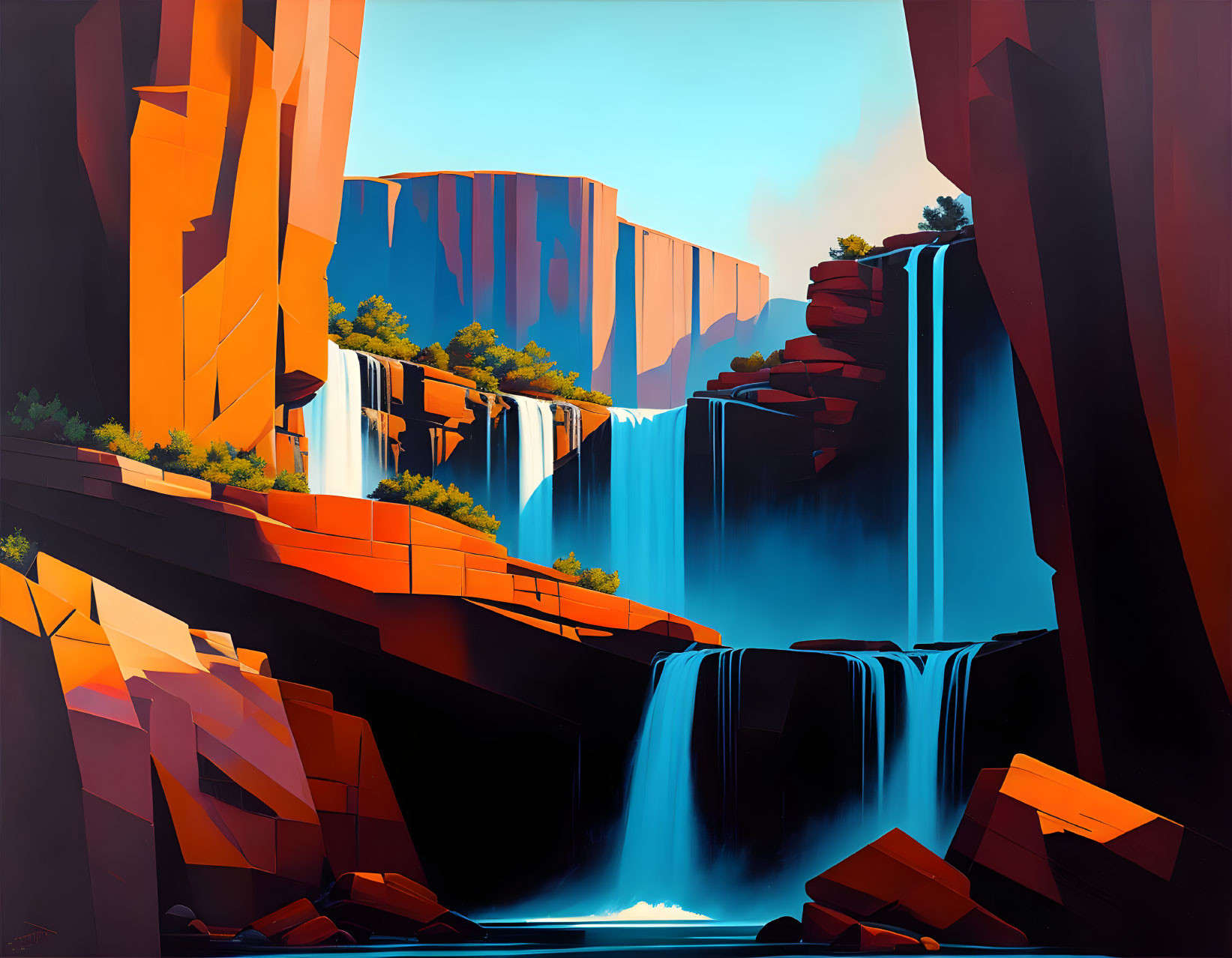 Stylized painting: Colorful canyon with waterfalls