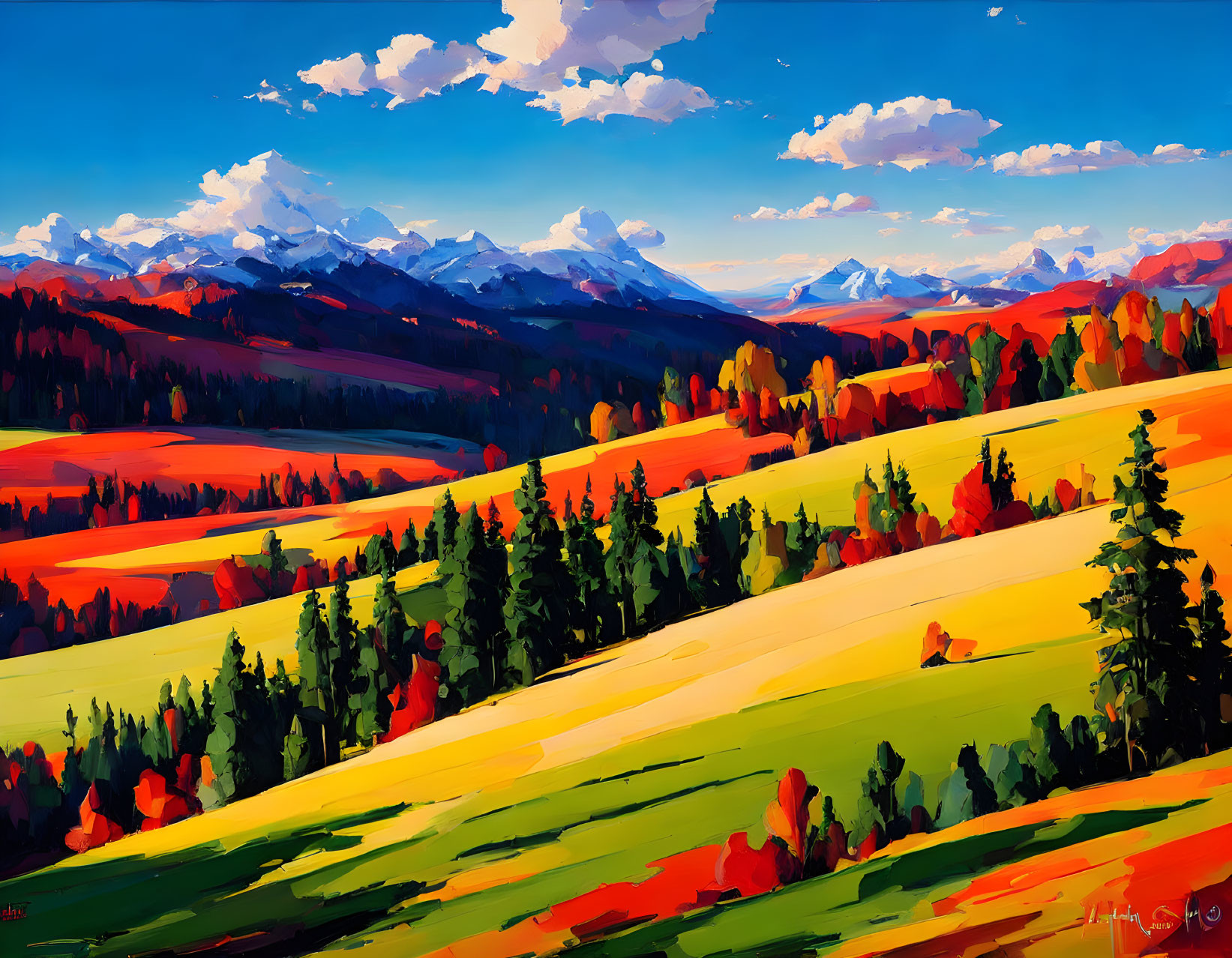 Colorful autumn landscape painting with rolling hills and distant mountains