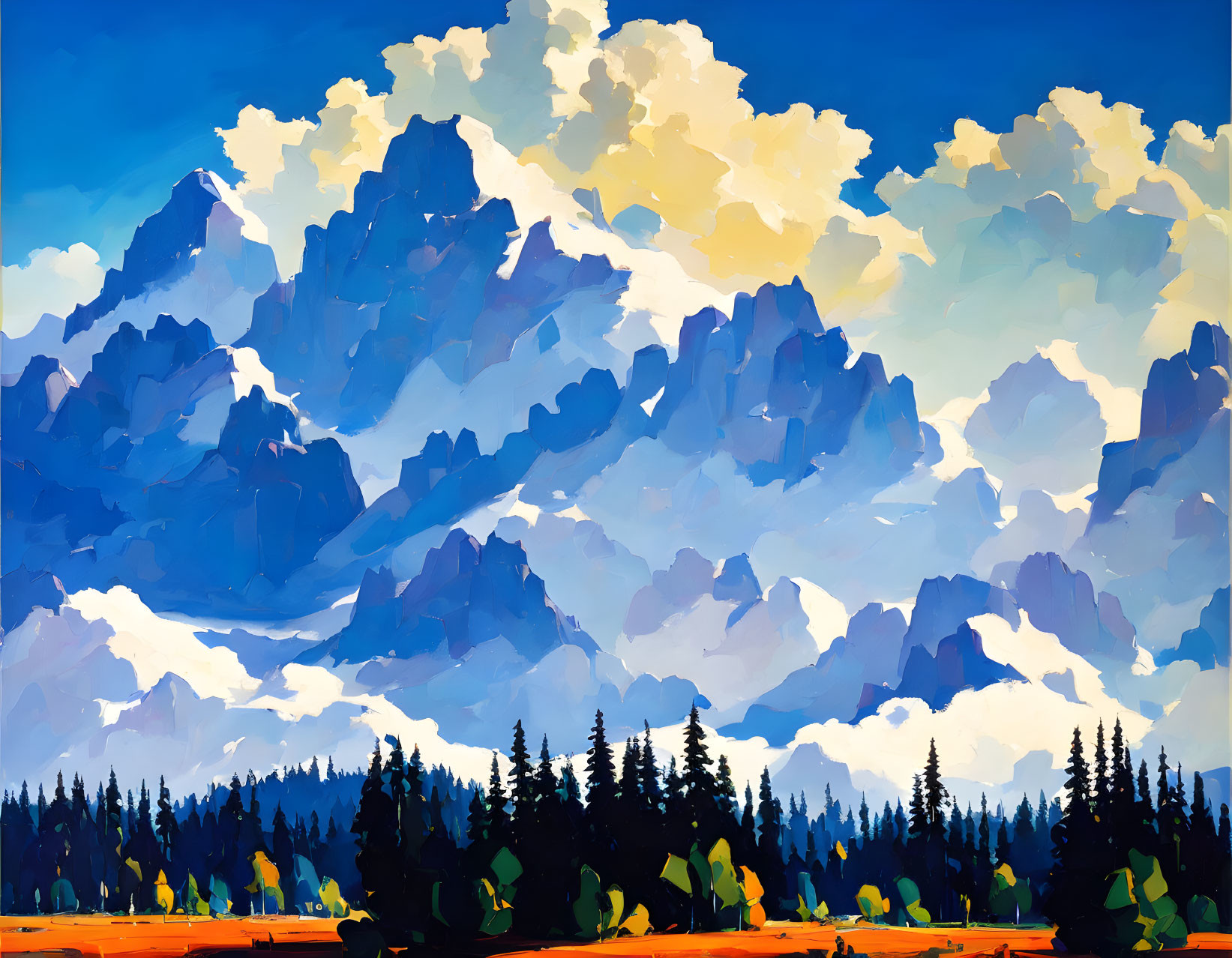 Majestic mountains with clouds and forest in vibrant painting