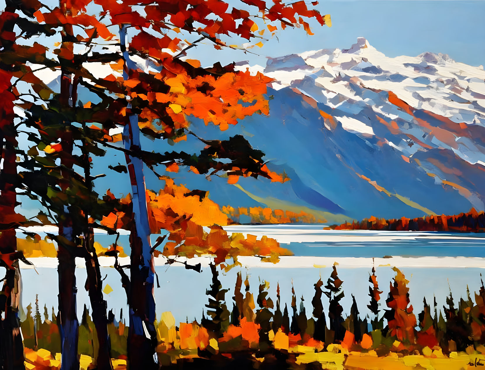 Colorful autumn foliage by serene lake with snow-capped mountains