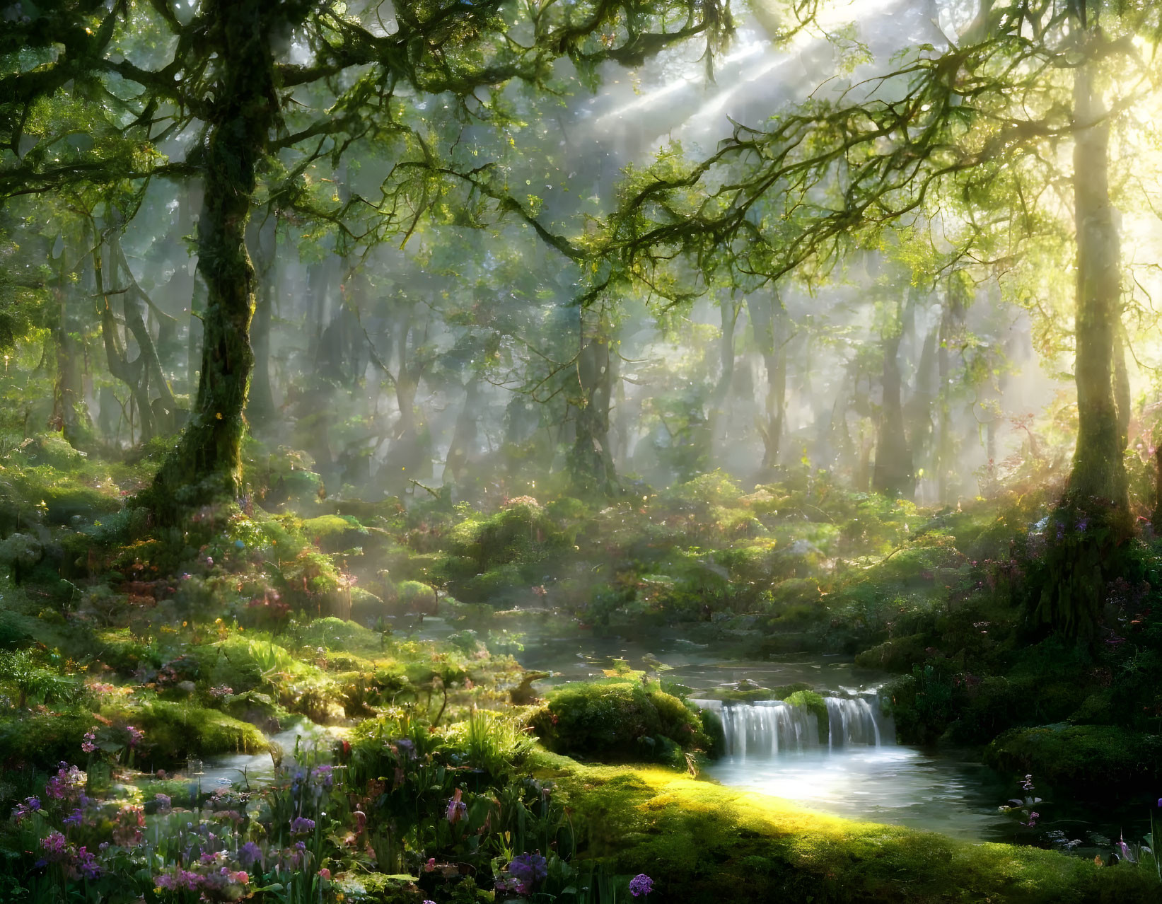 Tranquil forest scene with sunbeams, waterfall, and wildflowers