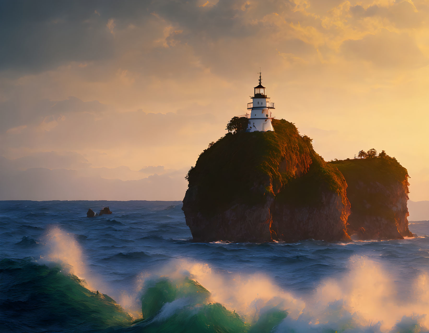 Lighthouse on rocky island at sunset with crashing waves