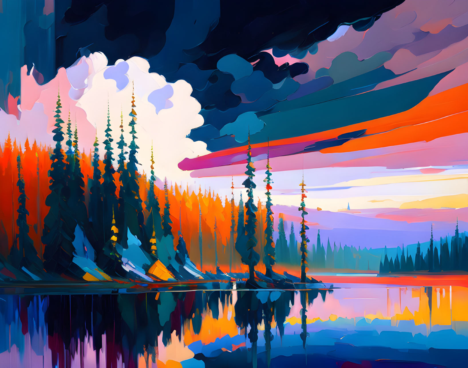 Colorful sunset landscape with forest, lake reflections, and dynamic sky