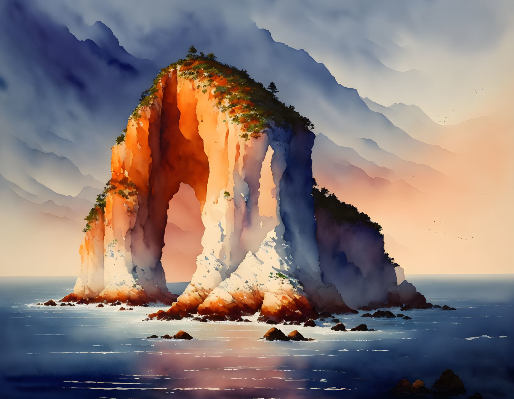 Tranquil watercolor: Rocky arch in calm sea under cloudy sky