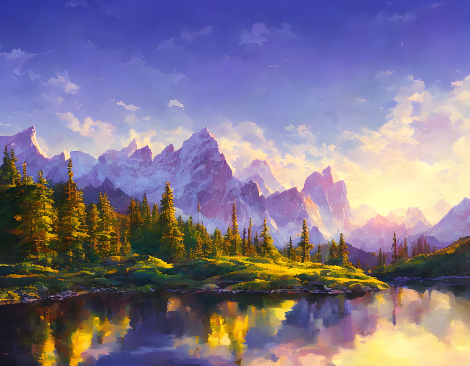 Scenic mountain landscape with lake, pine trees, and colorful sky.