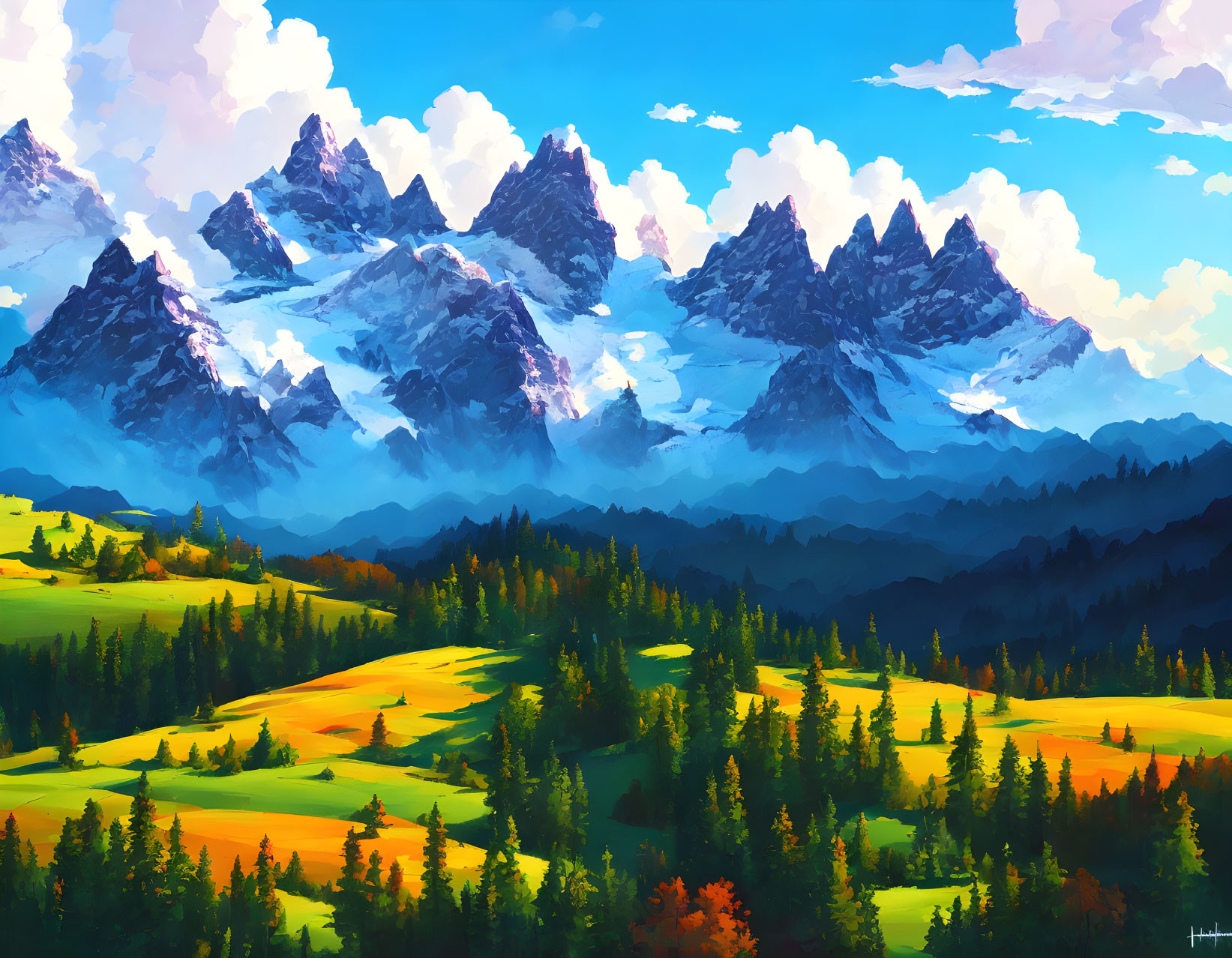 Majestic snow-capped mountains and lush green meadow landscape